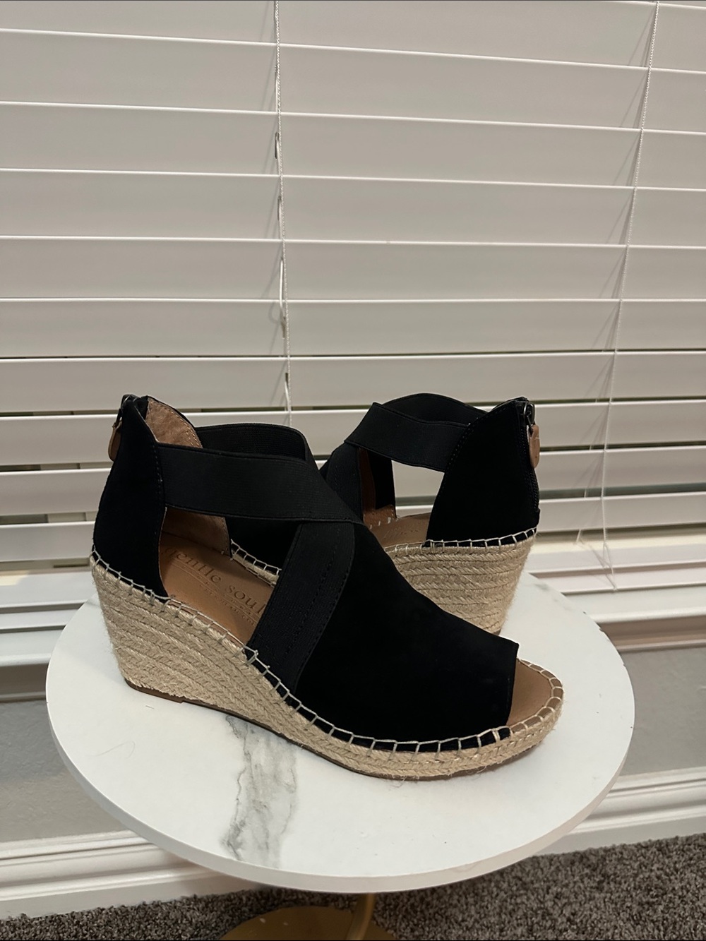 Kenneth Cole Black Espadrille Wedge Sandals with Elastic Cross Straps
